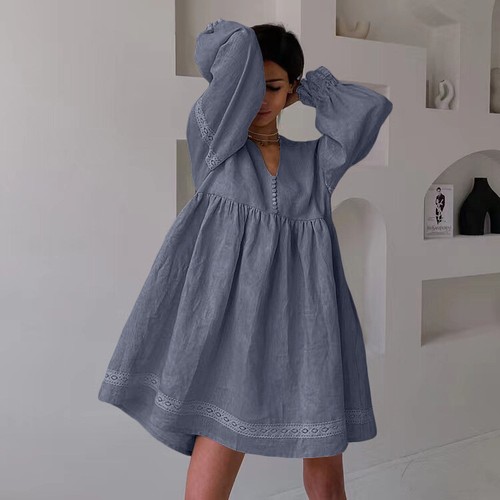 New summer Women's Casual Loose Solid Color V-Neck Lantern Long Sleeved Dress - Picture 11 of 12