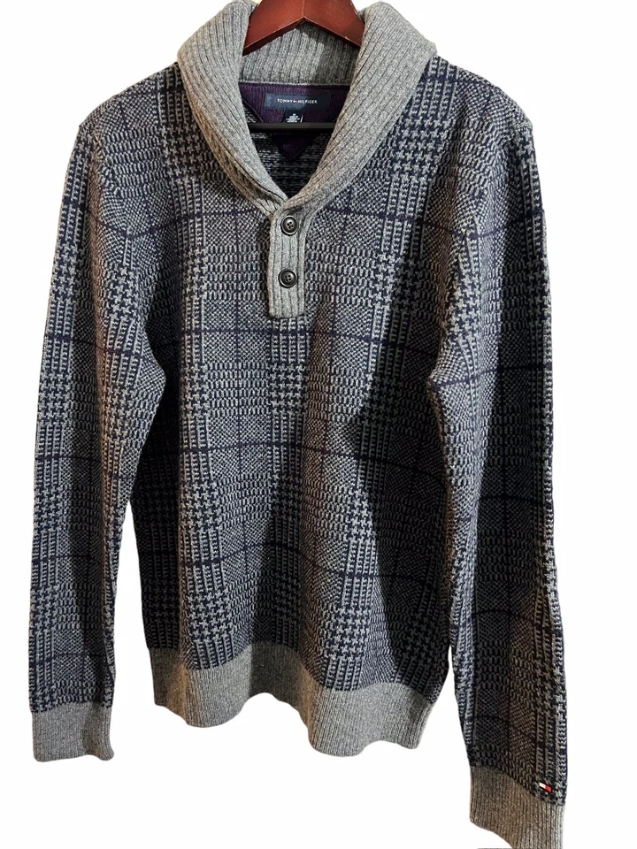 Tommy Hilfiger Sweater Mens Medium Blue/Gray Wool Blend Houndstooth Shawl Collar - Image 2 of 4