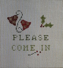 Vintage Handpainted Christmas Welcome Please Come In Needlepoint Canvas Holly