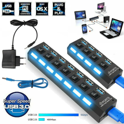 4/7 Port Splitter Adapter Netzteiler mit aktivem USB 3.0 Hub für PC Laptop DE