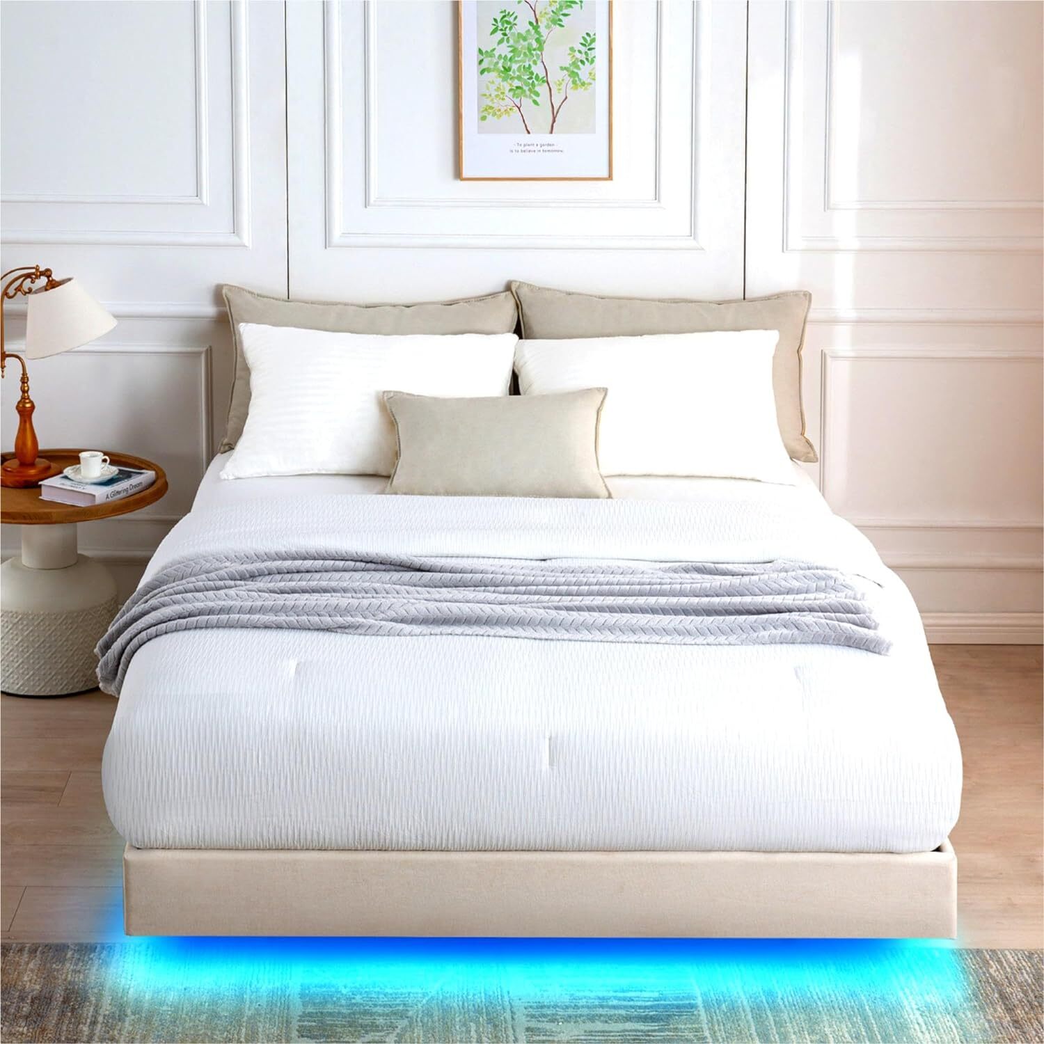 Queen Bed Frame w/LED Lights, Modern Upholstered Platform Bed Frame no Headboard