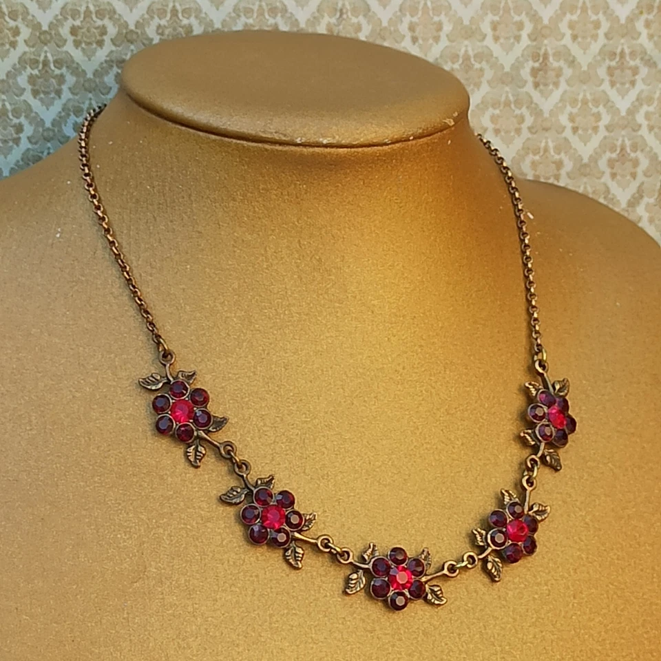Michal Negrin Necklace Red Maroon Flowers with Swarovski Crystals Statement Gift - Image 2 of 4