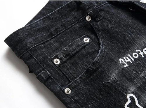 Men's Black Denim White Letter Printed Button Ripped Casual Pants Jeans Trousers - Picture 8 of 13