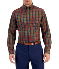 CLUB ROOM Men's Slim Fit 4-Way Stretch Plaid Dress Shirt Olive Red Size S