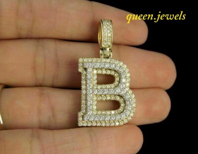 B Initial Letter Pendant 2.25CT Round Lab Created Diamond 14K 2-Tone Gold Finish