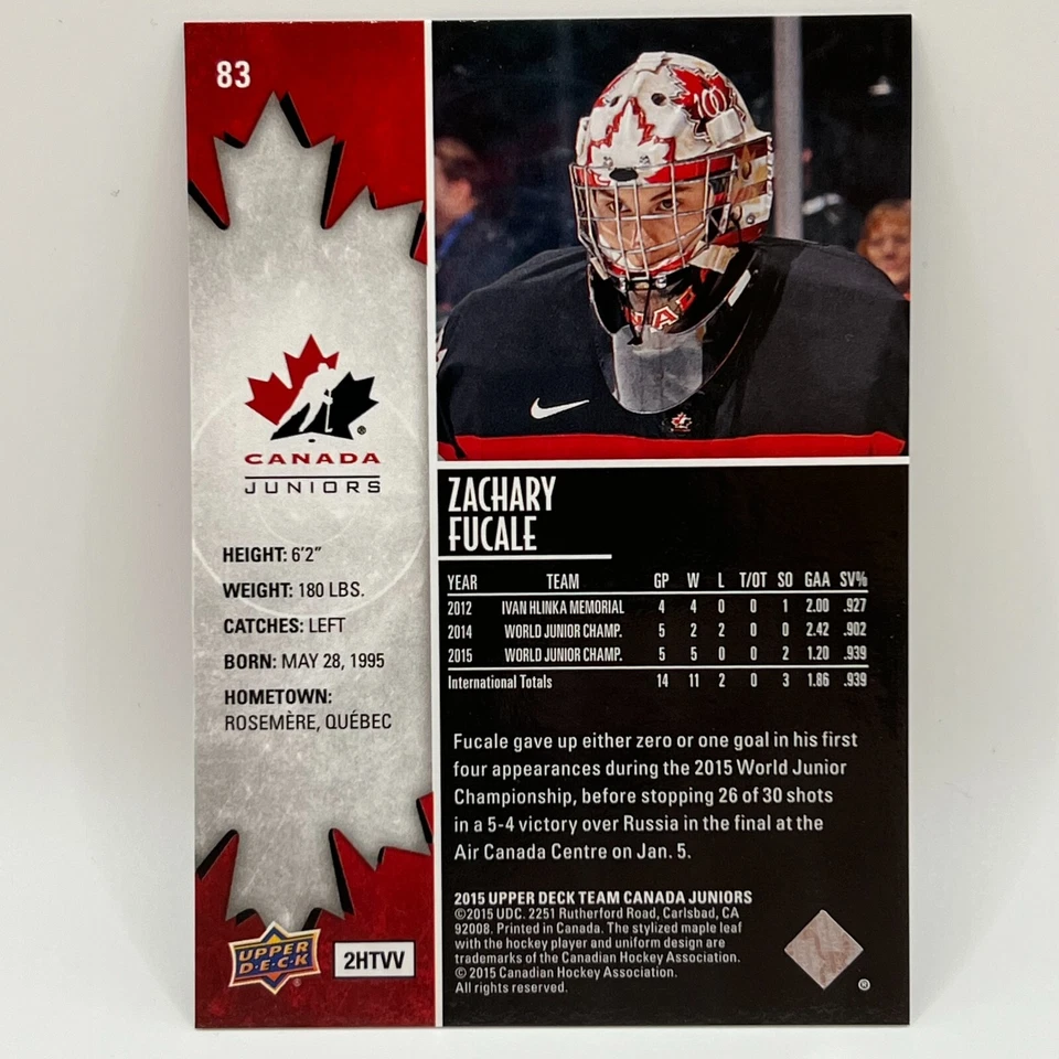2015-16 Upper Deck Team Canada Juniors Gold Zach Fucale #83 - Image 2 of 2