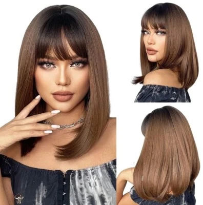 Emmor Ombre Brown Long Bob Wig 40cm Straight with Fringe Neat Bangs
