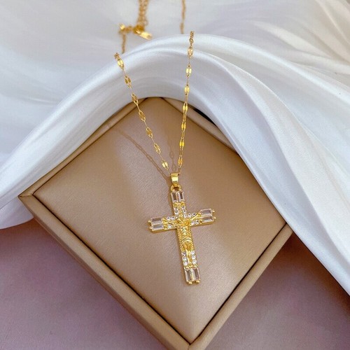 Fashion Jewelry Gold Cubic Zircon Crucifix Cross Jesus Pendant Necklace 1-303 - Picture 2 of 5