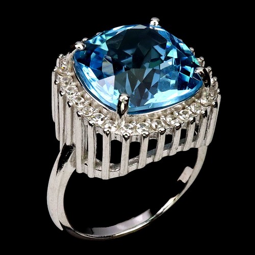 925 Anello Argento Sterling Cuscino Topazio Blu 13mm Gemma Gioielli Misura 7.5 - Foto 2 di 14