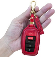 Premium Leather Key Fob Cover with Keychain, Protector and Fits Camry-Red