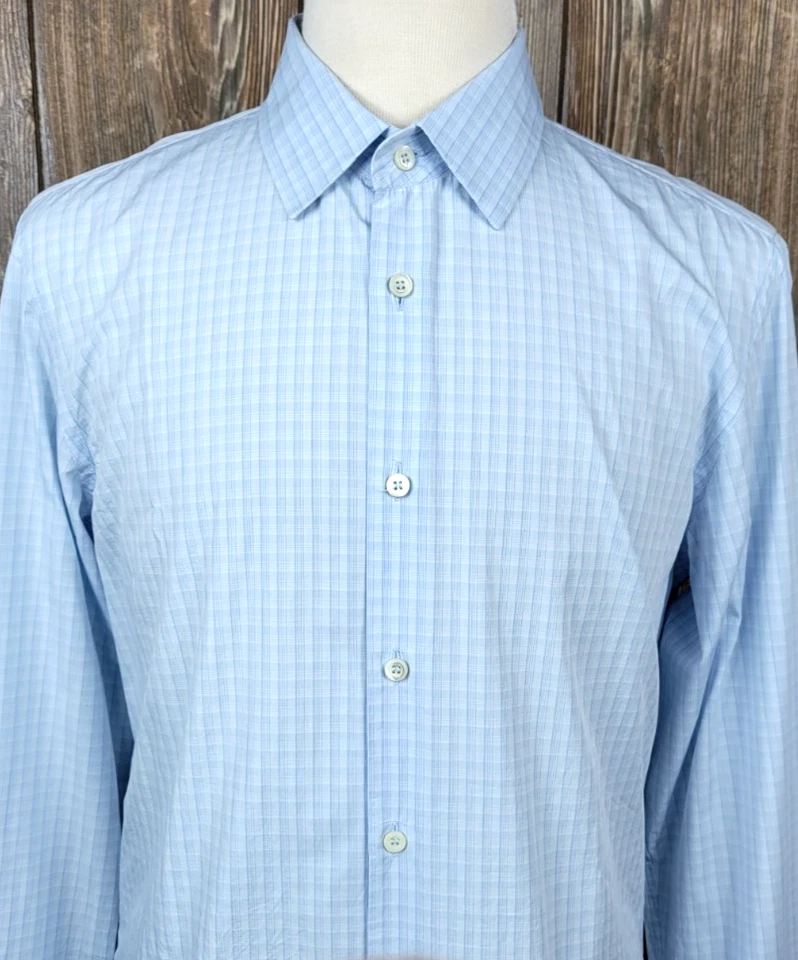 Camisa de vestir Prada Milano abotonada a cuadros manga larga azul para hombre talla 43/17 Foto 2 de 4