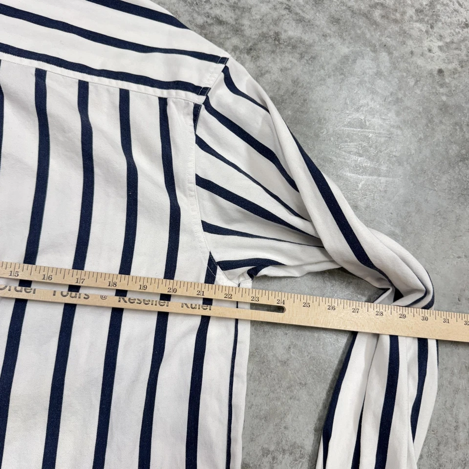 Camisa Cazadora de Cañas De Colección Para Hombres Mediana Blanca Azul Marino Rayas Cuello Banda Bolsillo Años 90 Foto 4 de 4