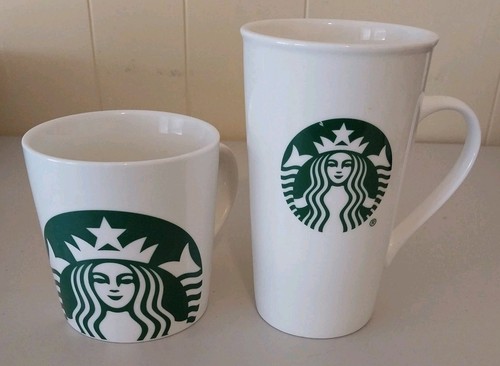 Starbucks Coffee Mugs White Tall 16 oz Short 14 oz Ceramic Starbucks Lot Of (2)