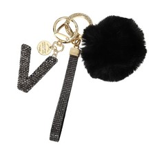 Initial Letter V Keychain with Pom and Rhinestone Wristlet, Grey