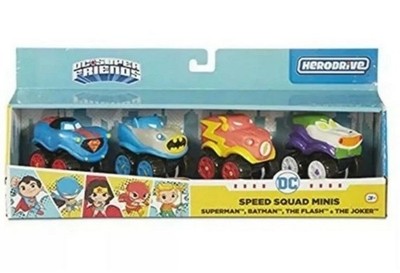 DC Super Friends HeroDrive Speed Squad Mini Cars 4pk Superman Batman Joker Flash