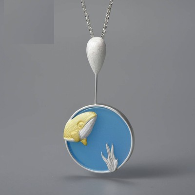 Ocean Whale Fish Inlaid Natural Blue Agate Gemstone Pendant Necklace Gift