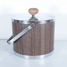Ice Bucket MCM Retro Vintage ATAPCO Chrome Wood Handles Barware - Made in USA