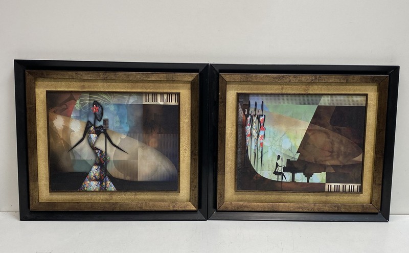 Claire Coxon Pair Modernist Jazz Music Mixed Media Art Prints 20x17 Framed