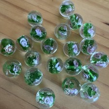 20 GREEN PINK FLOWER ROUND BALL LAMPWORK GLASS BEADS 12mm