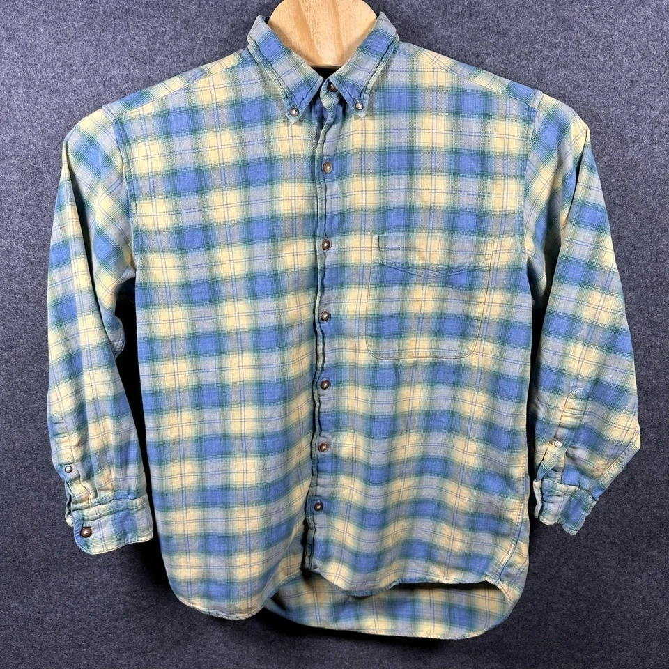 Madison Trader Plaid Flannel Shirt Men Medium Blue Yellow Button Down - Image 2 of 4
