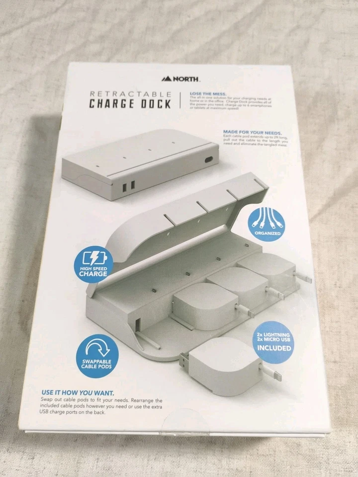 North Retractable Charge Dock Charging Station 2 Micro-USB 2 Lightening Cables - Image 4 of 4