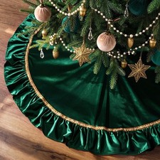 Christmas Tree Skirt: 48 Inch Luxury Rich Green Velvet Plush Ruffled Christmas W