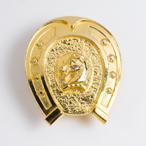 Vintage Accessocraft Belt Buckle Horse in Horseshoe Gold Tone 2.5" Equestrian