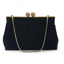 Vintage Style Black Beaded Evening Bag Gold Clasp Handmade