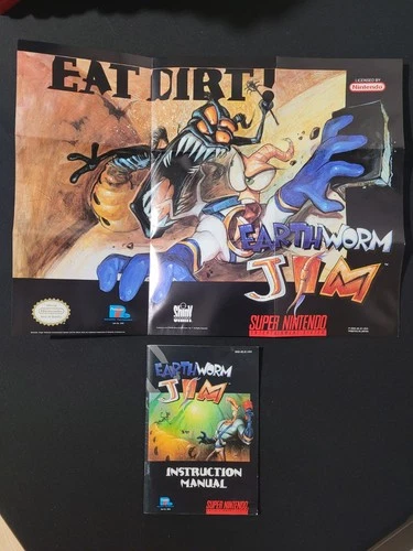 Earthworm Jim Manual & Poster Super Nintendo SNES Vintage Original 1994