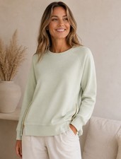 Varley Manning Sweatshirt Ribbed Crewneck Sage Green Gold Side Zips Large