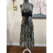 Y2K Connected Apparel Paisley Empire Waist Tiered Midi Dress Blue Green Sz 8