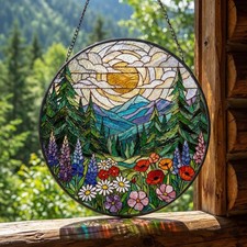 Forest Mountain Stained Glass Suncatcher Window Hanging Nature Gift for Mom