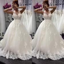 Elegant A Line Wedding Dresses V Neck Lace Appliques Sweep Train Bridal Gowns