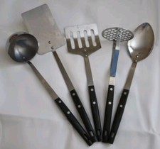 5 Vintage HOUSEHOLD Stainless Kitchen Utensils Riveted Wooden Handles Japan