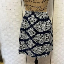 Francesca's Navy Blue & White Damask Paper Bag Waist Mini Skirt Floral Size M