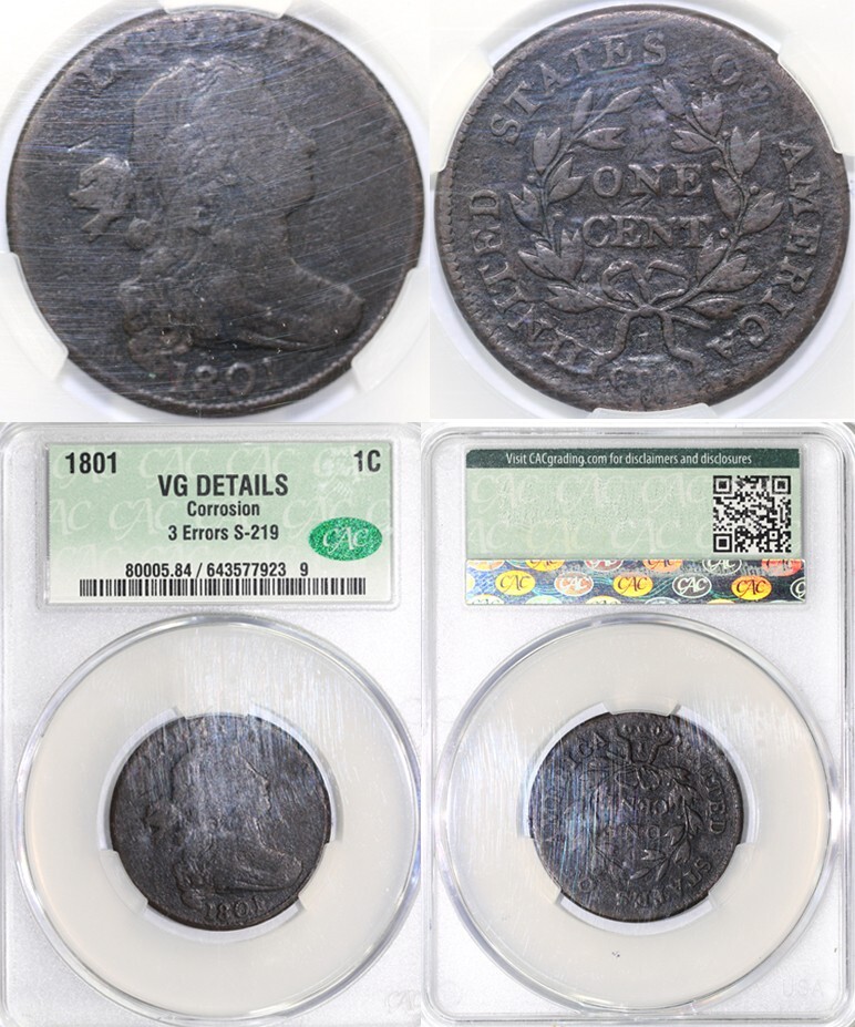 金　破片 約1cm 1801 1c S-219 3 Errors Draped Bust Large Cent CAC VG Details