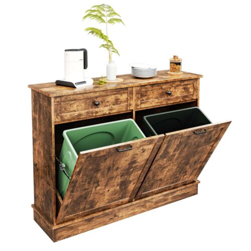 TC-HOMENY Double Tilt Out Trash Cabinet Laundry Sorter Kitchen Storage Cabinet