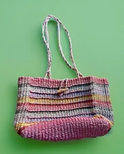 Shopping Bag Woven Jute Purse Boho Beaded Colorful Striped Market Place