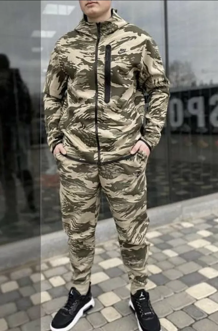 Nike Tech Fleece Full Tracksuit Set Camo Hoodie Joggers Size Small Mystic Stone