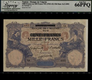 TT PK 31 1942 43 TUNISIA 1000 FRANCS ON 100 FRANCS LCG 66 PPQ GEM ONLY ONE FINER