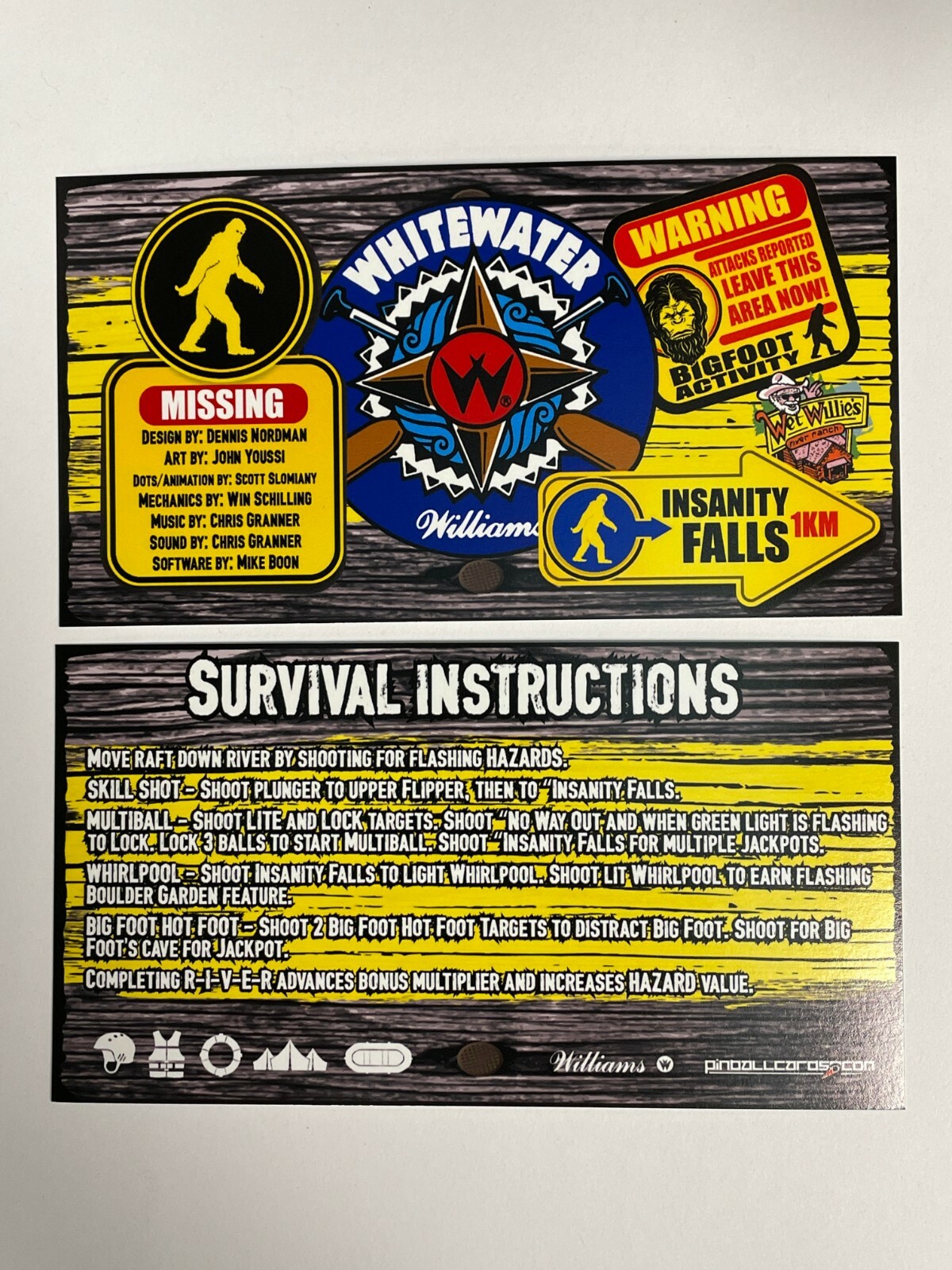 Whitewater Williams Pinball Apron Instruction Cards