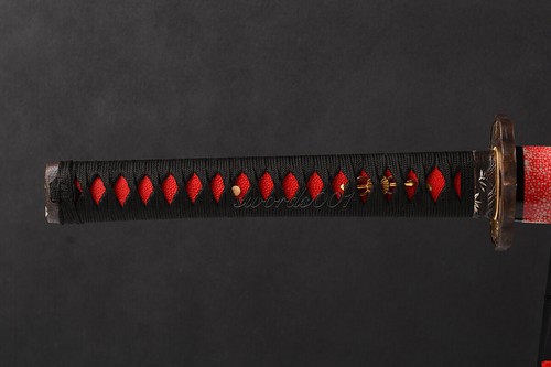 Handmade Katana Japanese Samurai Sword Clay Tempered 1095 Steel Red Rayskin Saya - Picture 4 of 12