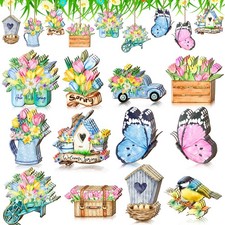 36 Pcs Vintage Spring Ornaments for Tree Decorations Wooden Hanging Tulip Floral
