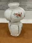 Antique Milk Glass Miniature Oil Lamp w/ Hand Painted Floral Decorations, 7 1/2"