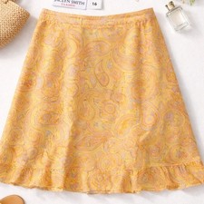 Jaclyn Smith 100 Silk Skirt Size 16 Yellow Paisley A-Line Y2K Boho Romantic