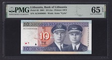 Lithuania 10 Litu 2001, Pick 65, PMG 65, UNC