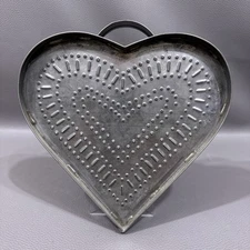 Vintage 8" Pierced Tin Heart Cheese Strainer Mold Primitive House Logo Stamp
