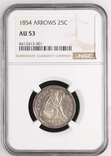 1854 P Arrows Seated Liberty Quarter NGC AU-53