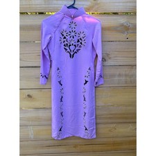 Lavender Purple Vietnamese Ao Dai Tunic Floral Laser Cut Long Sleeve Dress