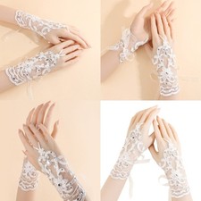 Stretchable Fingerless Gloves For Bride Embroidery Crystal Decors Lace Gloves